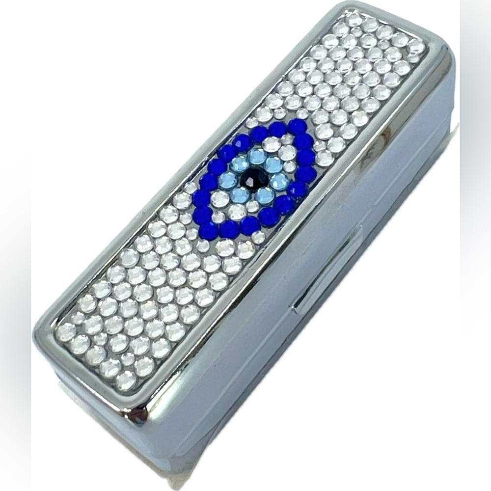 Evil Eye Rhinestone Mirror Lipstick Case Holder Silver Chrome & Blue Crystals